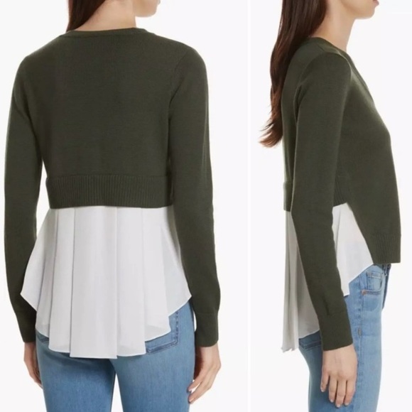 Veronica Beard Concord V-Neck Sweater Mixed Media Green White Size Small - Picture 2 of 8